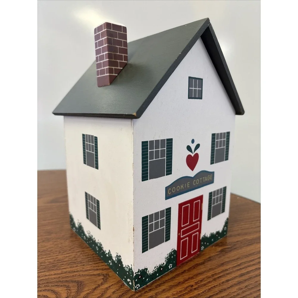 Vintage Cookie Cottage Wood Cookie Jar Holder Old World Primitive House Canister